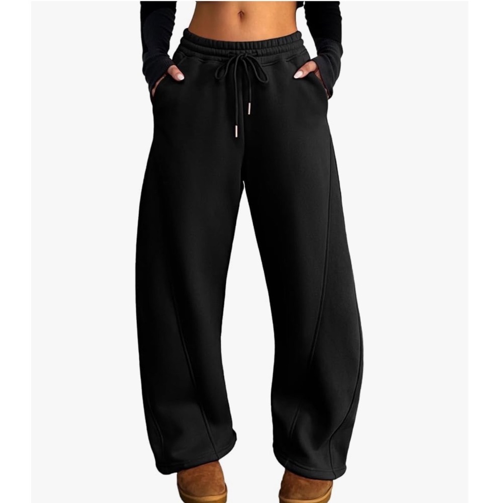 Elleven Womens Black Barrel Leg Fleece Sweatpants E171 Curved Seam Joggers L